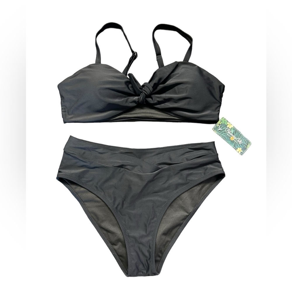 BLOOMING JELLY black front tie accent bokini set high waist high cut size L NWT
